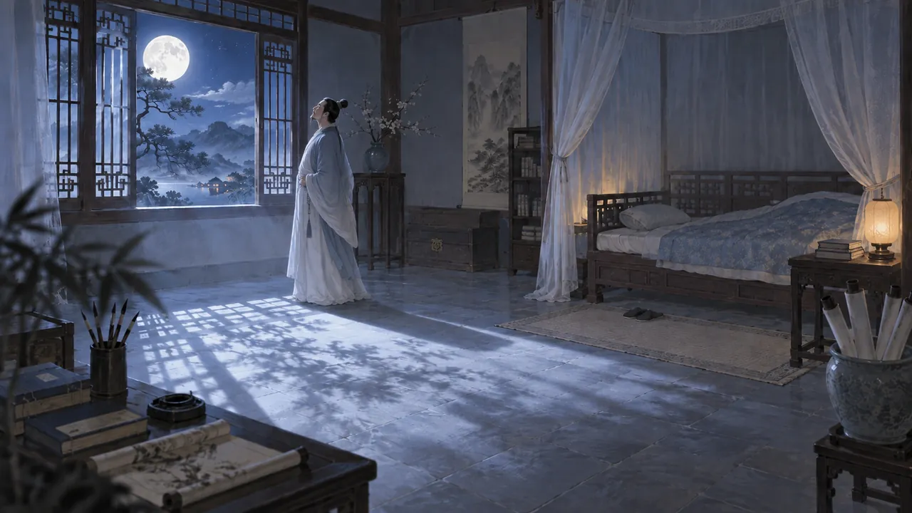 《诗境》绘本画面：月夜里，诗人抬头望向天上的明月